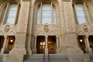 The façade of the Green Library at Stanford University, California