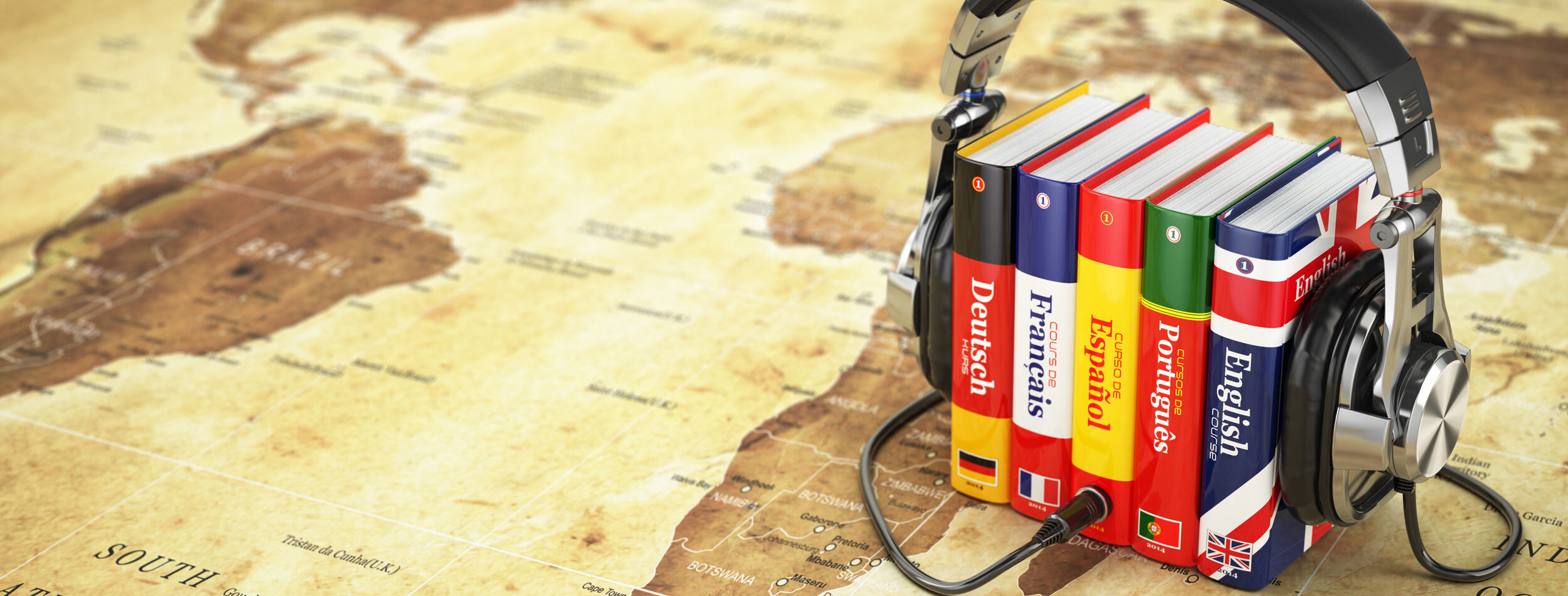Learning languages online. Audiobooks concept. Books and headphones on the map world. 3d