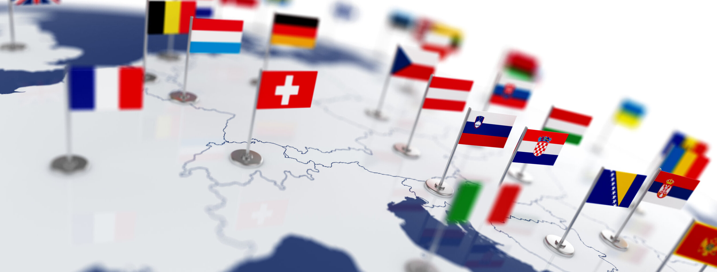 Europe map with countries flags. Shalow focus 3d illustration isolated on white background