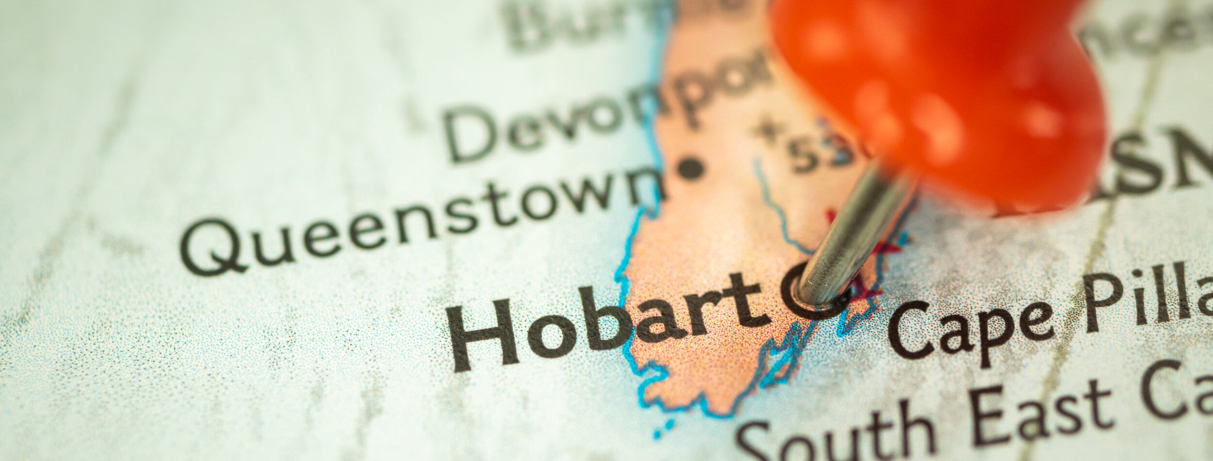 Location Hobart in Tasmania, map with push pin closeup, travel and journey concept, Australia