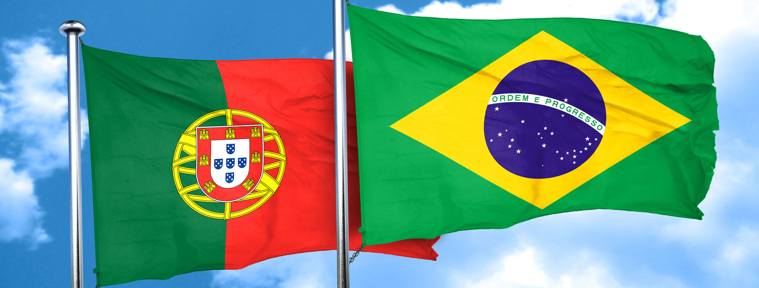 Portugal flag with Brazil flag, 3D rendering
