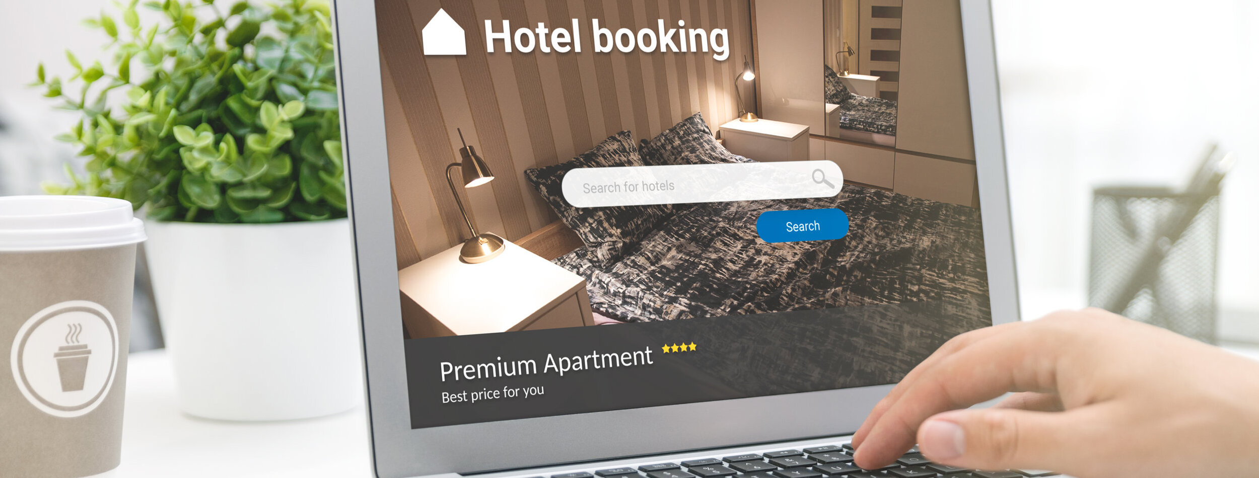 Man makes hotel reservations via the internet. Tourism, vacation concept